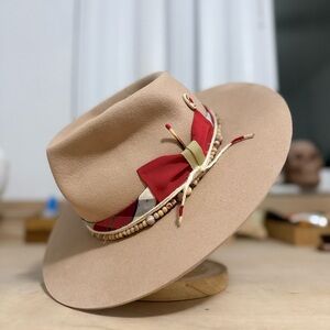 Elegant Tan Fedora with Red and Gold Details Red Crown